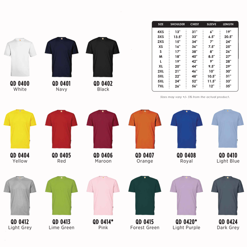 QD04 Plain Colour Quick Dry Round Neck Short Sleeve T Shirt